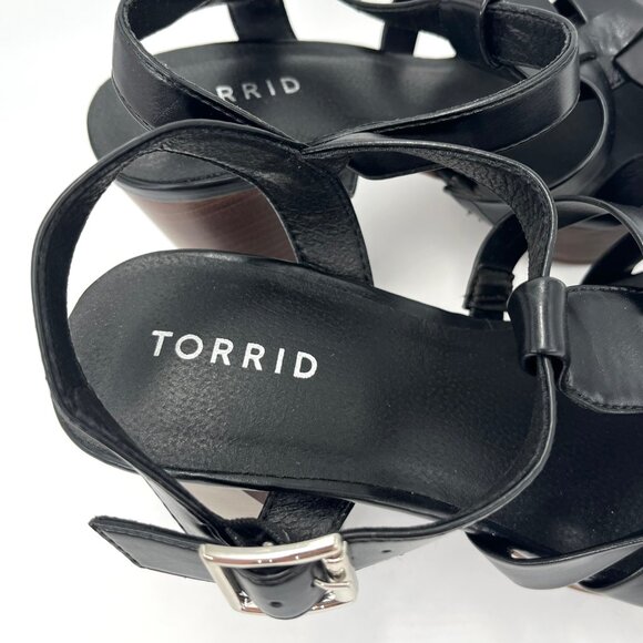 New Torrid Black Faux Leather Gladiator with Brown Chunky Heel - Size 8WW - Picture 5 of 11
